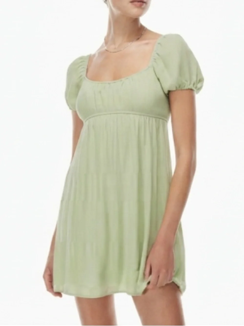 Aritzia Sunday Best Hadley Babydoll Mini Dress Sage Green Smocked Puff Sleeve S - Picture 1 of 11